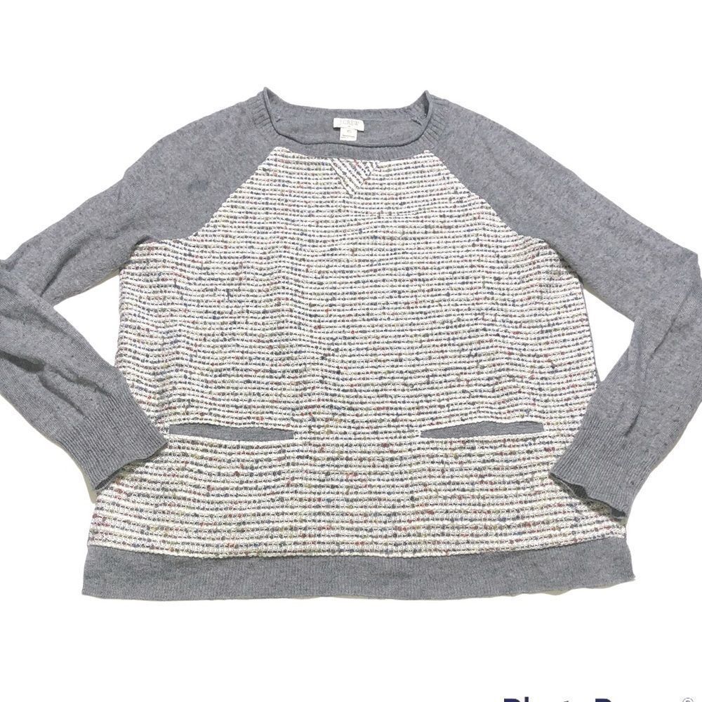J. Crew Gray and White Crew Neck Sweater